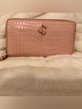 Jimmy Choo Blush Croc-Embossed Zip-Around Wallet with Gold Logo